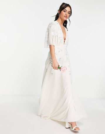 Hope & Ivy Bridal embroidered plunge maxi dress in ivory