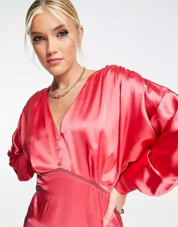 Hope & Ivy Milly satin batwing midi dress in coral