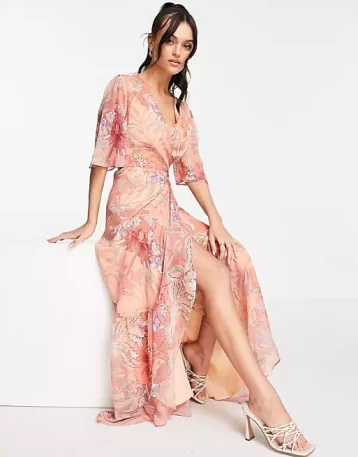 Hope & Ivy wrap maxi tea dress in coral floral