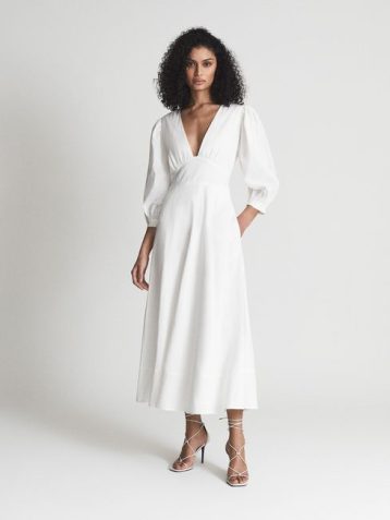 Reiss CHRISTIE Puff Sleeve Plunge Midi Dress White