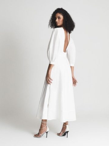 Reiss CHRISTIE Puff Sleeve Plunge Midi Dress White