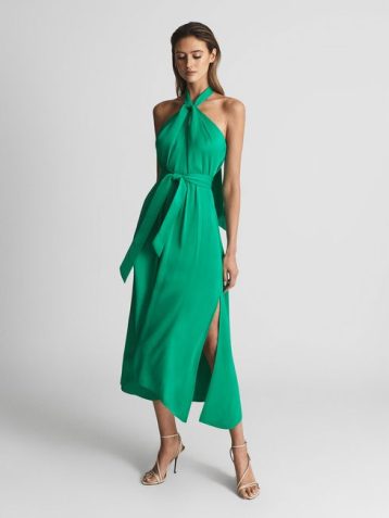 Reiss EVVIE Tie Waist Halterneck Midi Dress Green