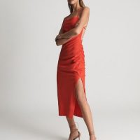 Reiss KHALIA Stretch Linen Bodycon Midi Dress Red
