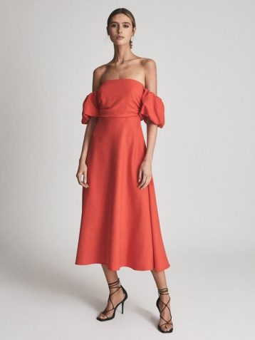 Reiss SHONA Puff Sleeve Off Shoulder Midi Dress, Red