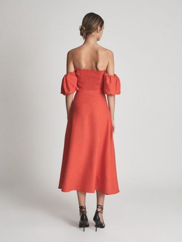 Reiss SHONA Puff Sleeve Off Shoulder Midi Dress, Red