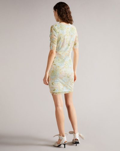Ted Baker Ainya Ruched Mesh Shift Dress, Yellow/Multi