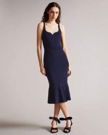 Ted Baker Emesta Panelled Flare Hem Midi Dress Navy Blue