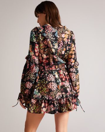 Ted Baker Hendria Mini Dress With Ruffle Details Black Multi