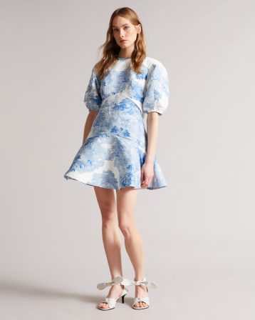 Ted Baker Phelina Puff Sleeve Jacquard Mini Dress Pale Blue White