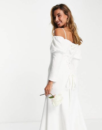 Vila Bridal corset back maxi dress with button detail sleeves in white