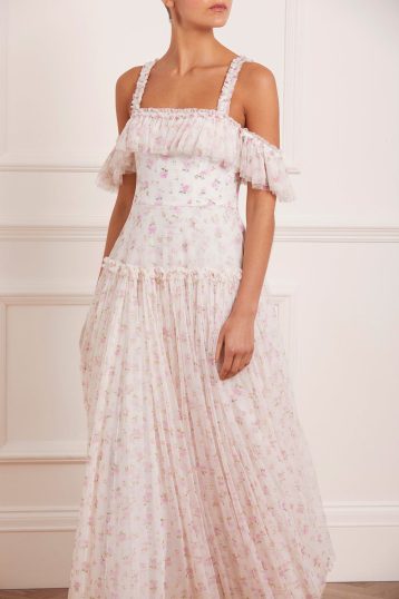 Needle & Thread Bijou Rose Off Shoulder Ankle Gown White Pink