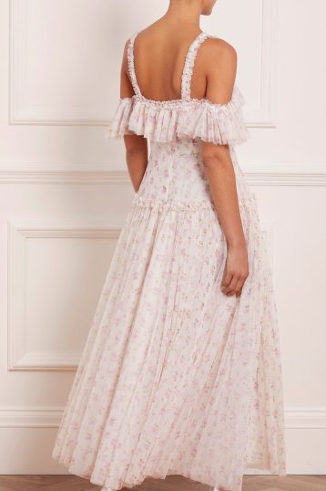 Needle & Thread Bijou Rose Off Shoulder Ankle Gown White Pink