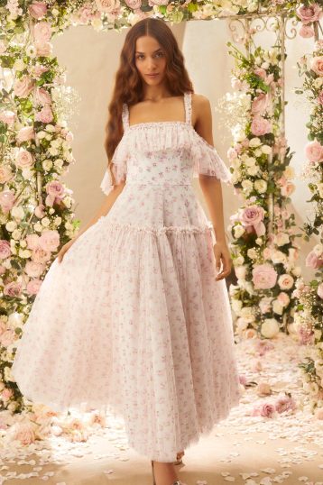 Needle & Thread Bijou Rose Off Shoulder Ankle Gown White Pink