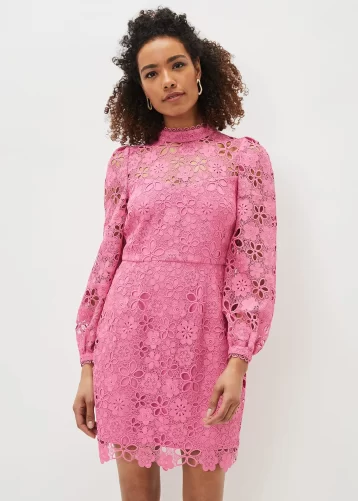 Phase Eight Doris Guipure Lace Highneck Dress Candy Pink