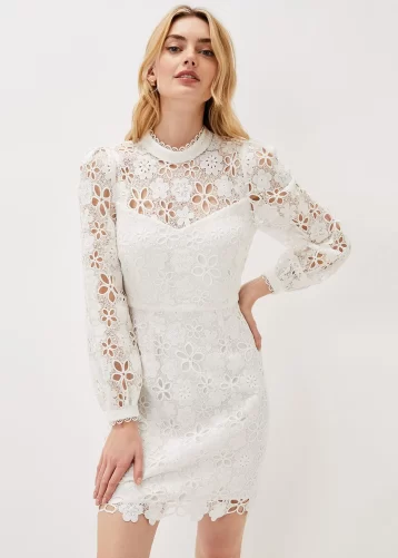 Phase Eight Doris Guipure Lace Highneck Dress Ivory