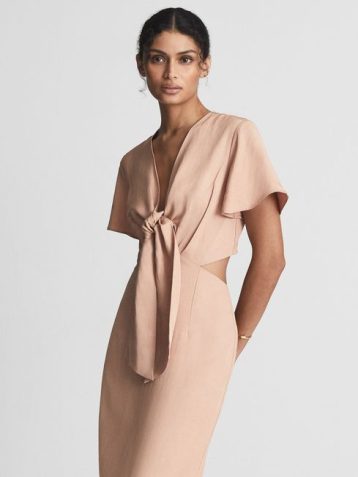 Reiss IONA Tie Waist Bodycon Midi Dress Light Pink Blush