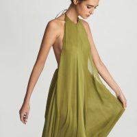 Reiss JUDE Halter Neck Silk Maxi Dress, Lime Green