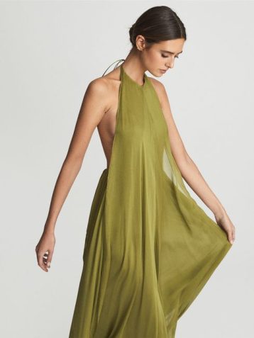 Reiss JUDE Halter Neck Silk Maxi Dress Lime Green