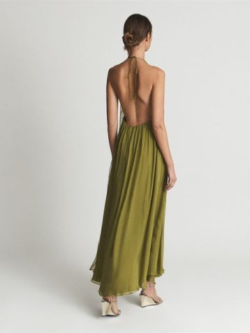 Reiss JUDE Halter Neck Silk Maxi Dress Lime Green