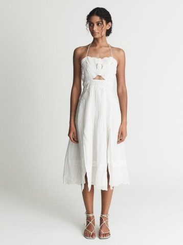 Reiss NELLIE Embroidered Front Halterneck Midi Dress White