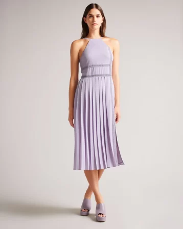 Ted Baker Camylie Lace Insert Asymmetric Pleat Midi Dress Lilac Purple