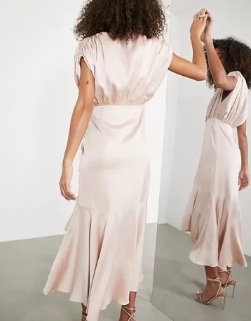 ASOS EDITION satin wrap midi dress with ruched detail in blush