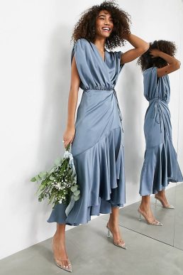 ASOS EDITION satin wrap midi dress with ruched detail in dusky blue