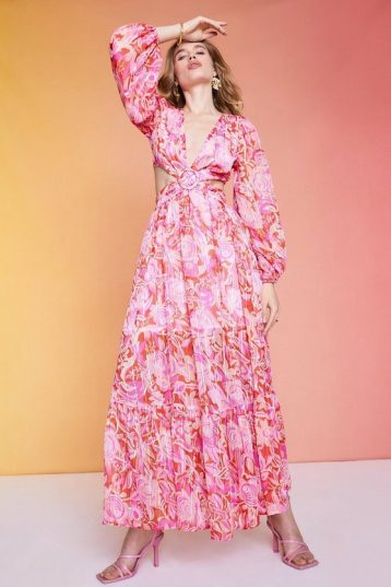 Coast Alexandra Farmer Cutout Balloon Sleeve Maxi Dress Pink Multi