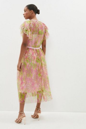 Coast Printed Frill Sleeve Pleated Mesh Midi Dress Pink Green