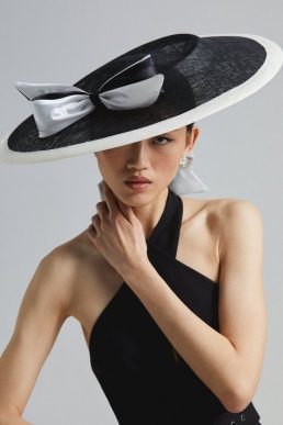 Coast Lisa Tan Premium Satin Bow Wide Brim Hat Black White Mono