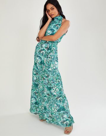 Monsoon Arlo halter print maxi dress green blue