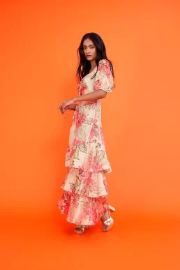 Monsoon Daisy print tiered maxi dress natural pink