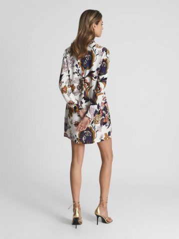 Reiss Abbie Retro Floral Print Shift Dress White Multi