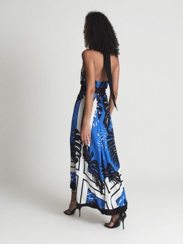 Reiss Erin Print Palm Print Midi Dress Blue Black White