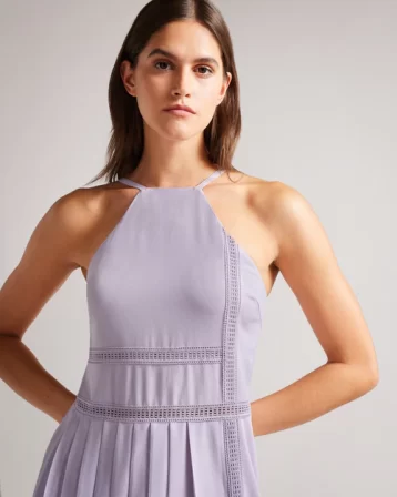 Ted Baker Camylie Lace Insert Asymmetric Pleat Midi Dress Lilac Purple