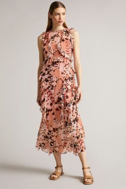 Ted Baker Kayleih Printed Sleeveless Waterfall Midi Dress Pale Orange