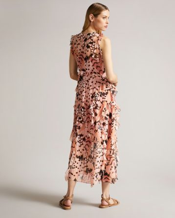 Ted Baker Kayleih Printed Sleeveless Waterfall Midi Dress, Pale Orange