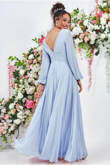 Goddiva Balloon Sleeve Maxi Bridesmaid Pleated Dress Dusky Light Blue