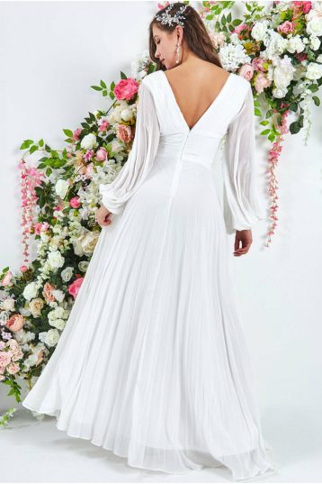 Goddiva Balloon Sleeve V Neck Maxi Wedding Dress White