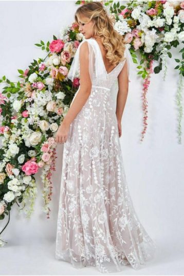 Goddiva Embroidered Lace Maxi Dress Flutter Sleeves White Nude Blush