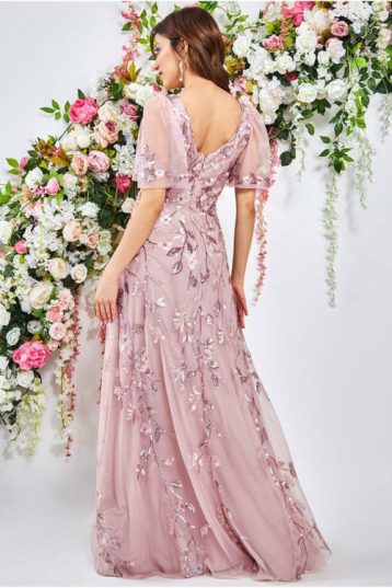 Goddiva Flared Sleeve Embroidered Maxi Bridesmaid Dress Blush Pink