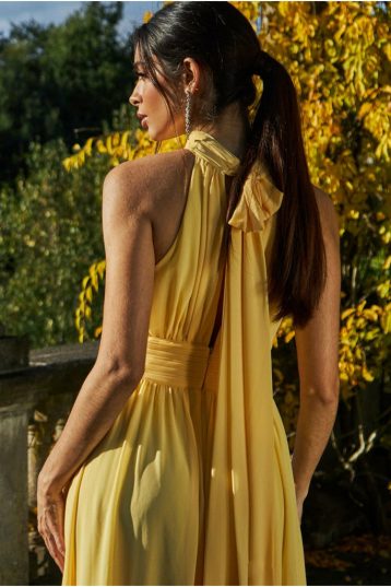 Goddiva Halterneck Chiffon Maxi Bridesmaid Dress Yellow