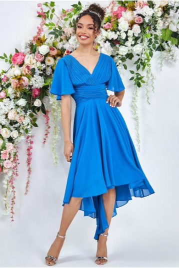 Goddiva Pleated Chiffon High Low Midi Dress Atlantic Blue