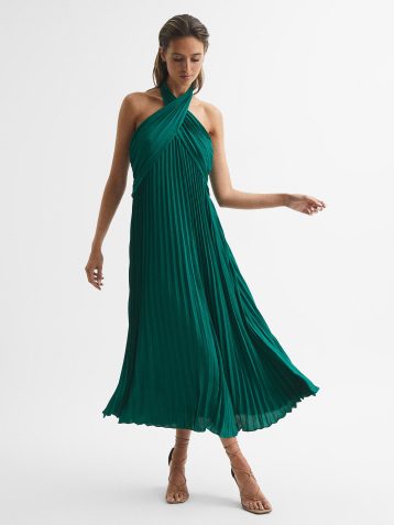 Reiss Roya Halter Neck Pleat Midi Dress Green