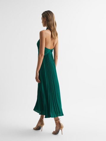 Reiss Roya Halter Neck Pleat Midi Dress Green