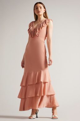 Ted Baker ASHLEIH Crinkle Crepe Maxi Dress With Ruffle Dusky Pink