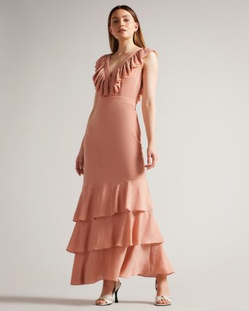 Ted Baker ASHLEIH Crinkle Crepe Maxi Dress With Ruffle Dusky Pink