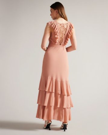 Ted Baker ASHLEIH Crinkle Crepe Maxi Dress With Ruffle Dusky Pink