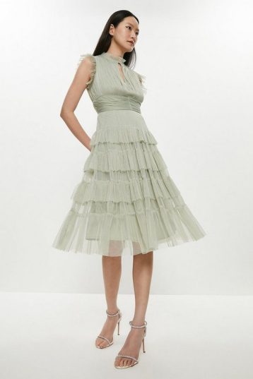 Coast Tulle Tiered Frill Sleeve Dress Light Green