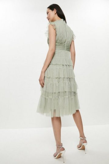 Coast Tulle Tiered Frill Sleeve Dress Light Green